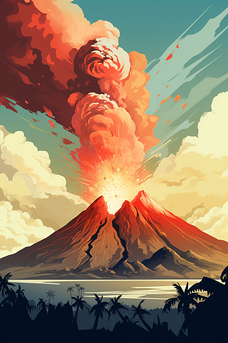 AI数字艺术自然灾害火山喷发插画