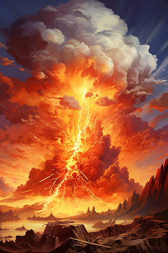 AI数字艺术自然灾害火山喷发插画