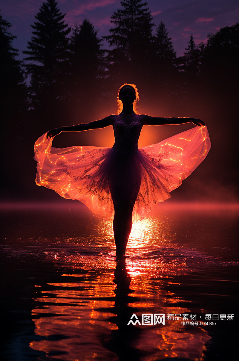 AI数字艺术在湖上跳芭蕾舞摄影图片素材