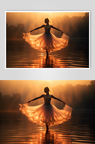 AI数字艺术在湖上跳芭蕾舞摄影图片