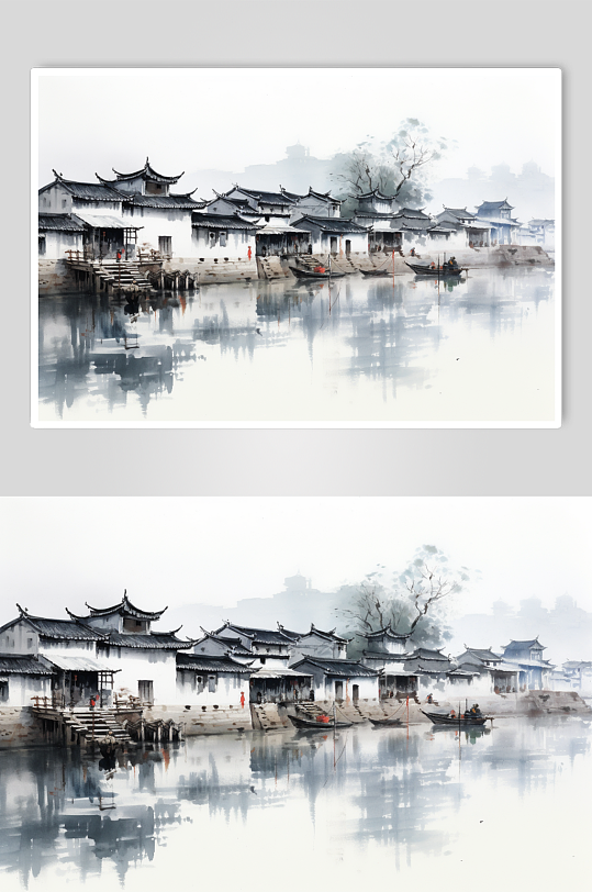 AI数字艺术水墨风徽派建筑江南水乡插画-众图网