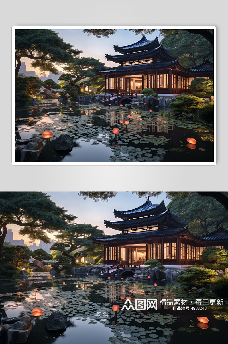 AI数字艺术中国风江南民宿酒店建筑摄影图素材