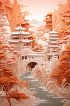 AI数字艺术中国风剪纸建筑场景插画