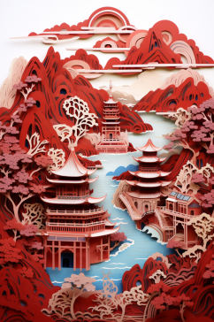 AI数字艺术中国风剪纸建筑场景插画
