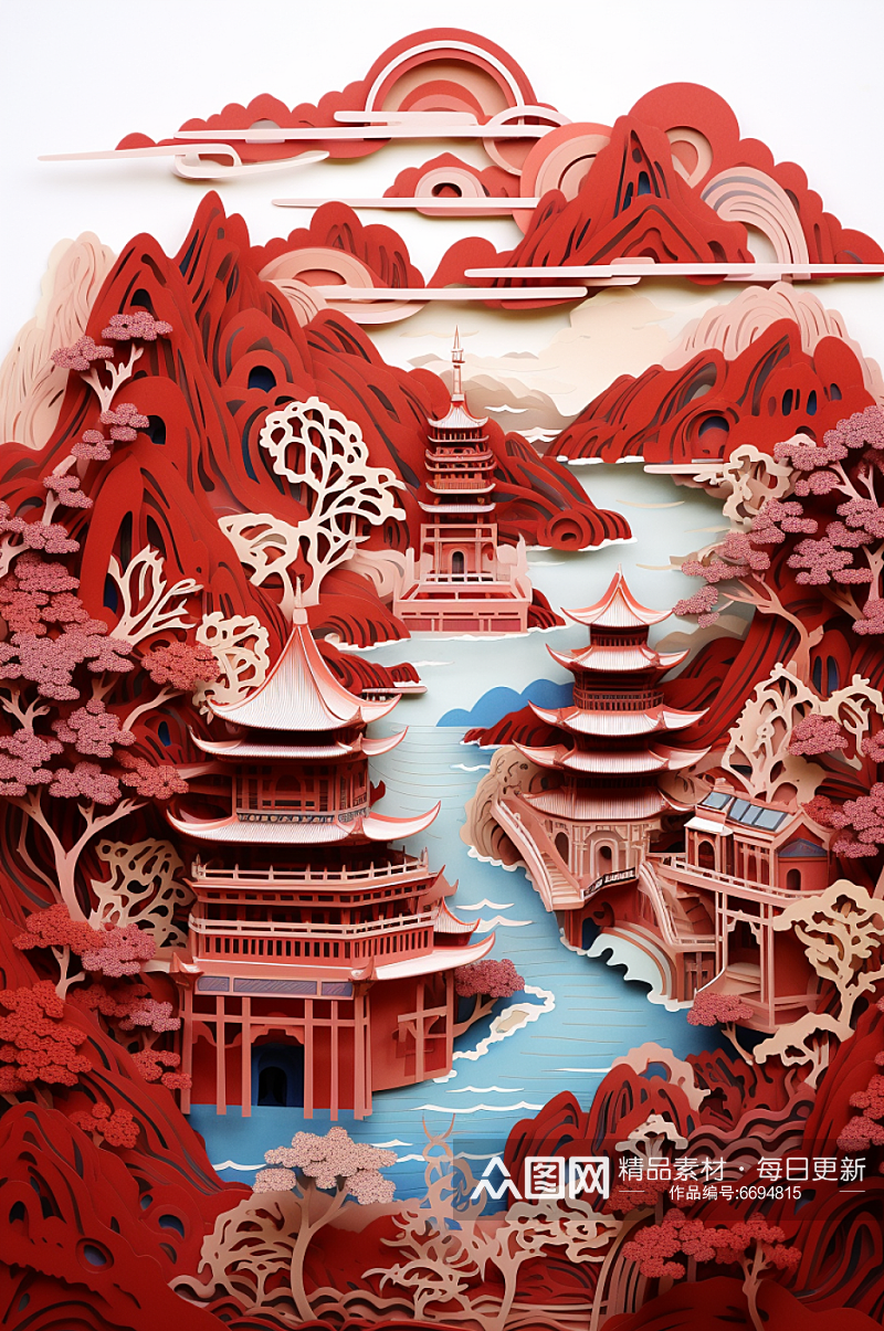 AI数字艺术中国风剪纸建筑场景插画素材