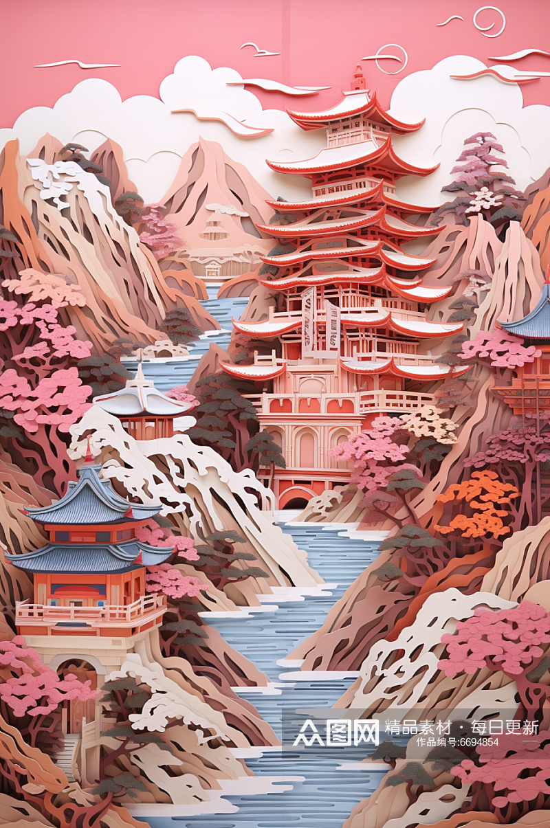 AI数字艺术中国风剪纸建筑场景插画素材