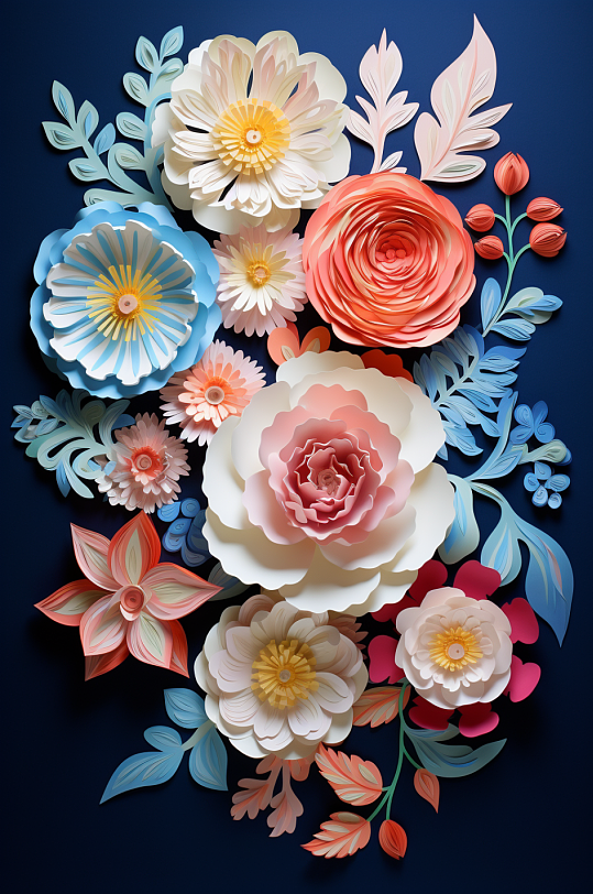 AI数字艺术剪纸风花卉纸质插画-众图网