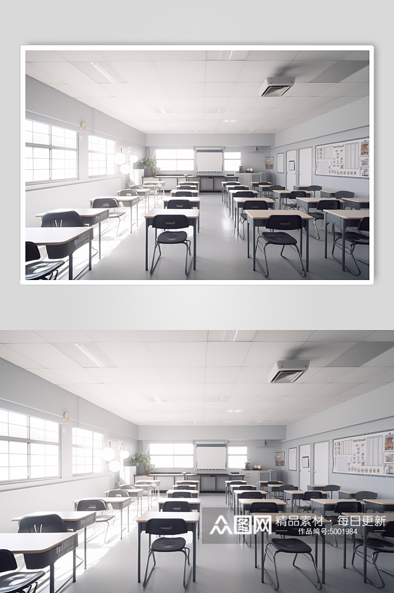 AI数字艺术校园学校教室课桌椅场景摄影图素材