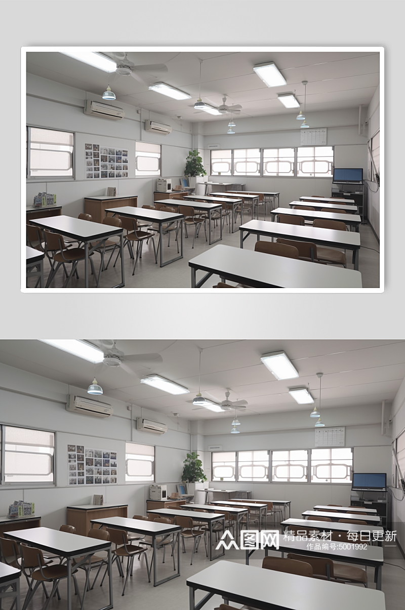 AI数字艺术校园学校教室课桌椅场景摄影图素材