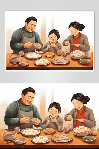 AI数字艺术冬至传统一家人包饺子插画