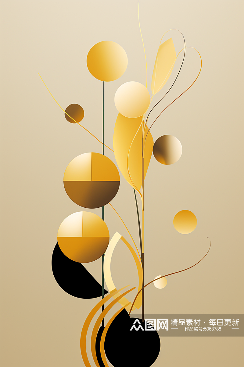 AI数字艺术轻奢金箔树叶金色叶子装饰画素材