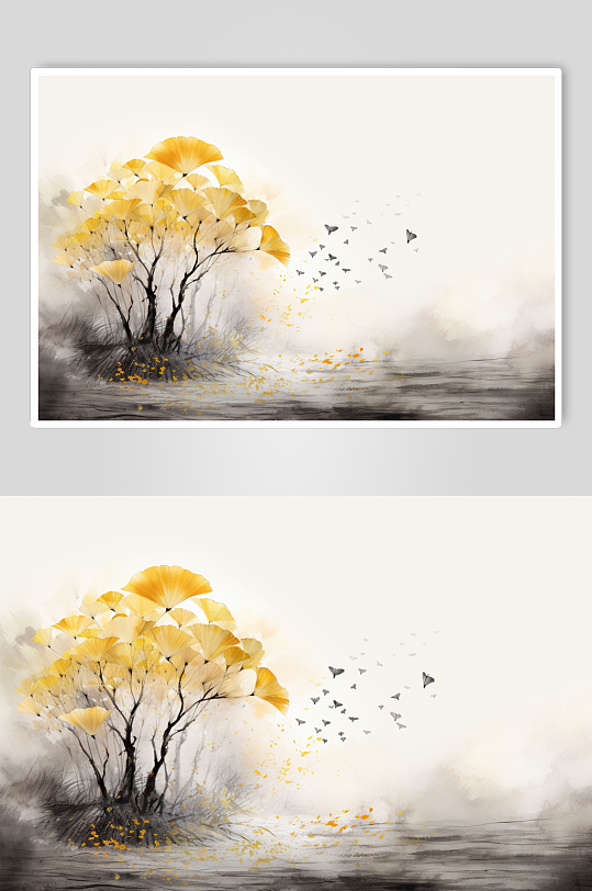 AI数字艺术中国风金箔银杏叶秋季元素插画