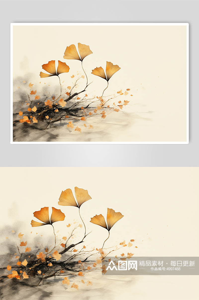 AI数字艺术中国风金箔银杏叶秋季元素插画素材