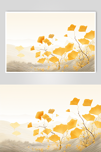 AI数字艺术中国风金箔银杏叶秋季元素插画