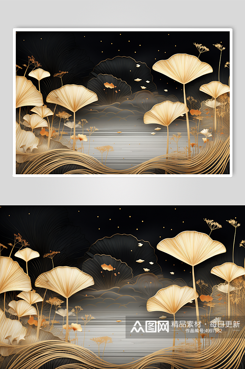AI数字艺术中国风金箔银杏叶秋季元素插画素材