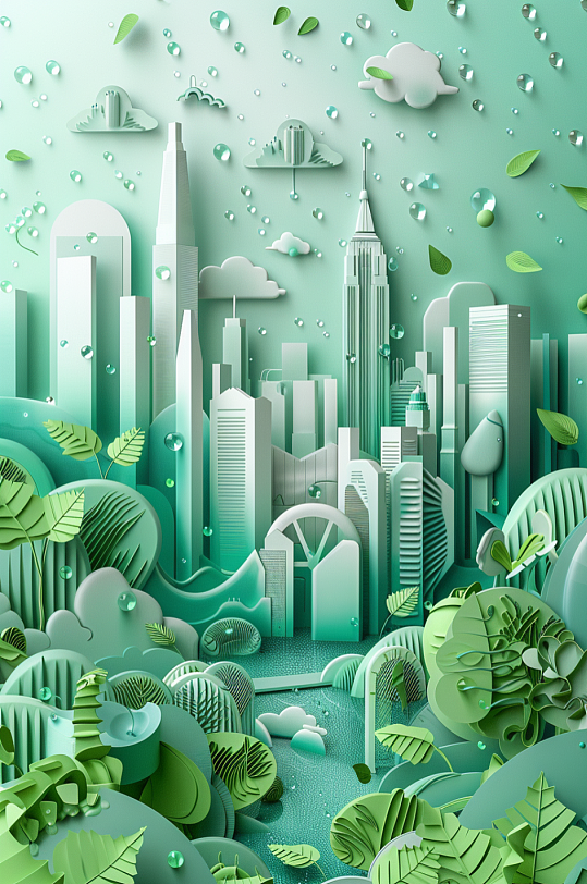 AI剪纸风城市旅游景点地标建筑插画