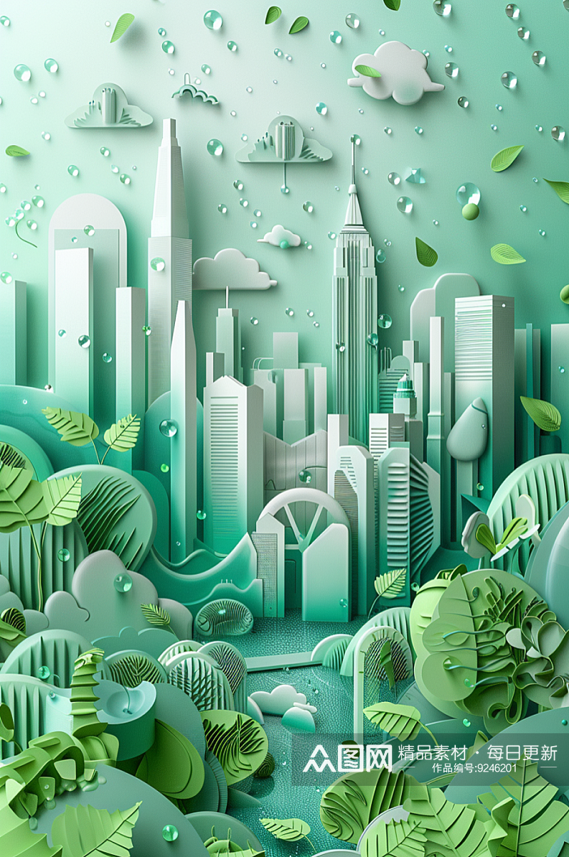 AI剪纸风城市旅游景点地标建筑插画素材