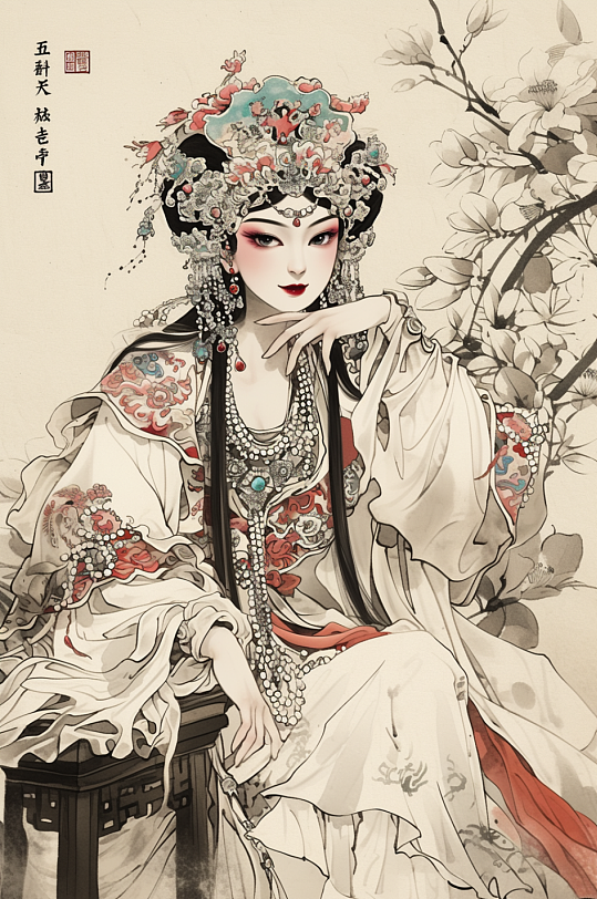 AI数字艺术中国风国潮国风水墨京剧京剧花旦人物插画-众图网