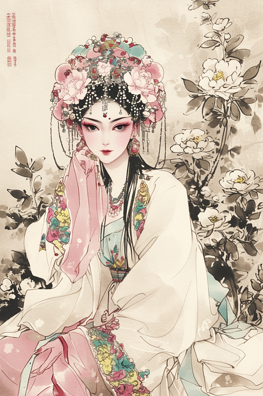 AI数字艺术中国风国潮国风水墨美女京剧花旦人物插画-众图网