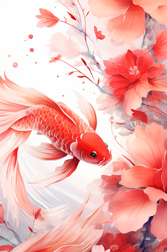 AI数字艺术中国风国潮红色锦鲤插画-众图网