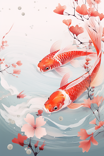 AI数字艺术中国风国潮红色锦鲤插画