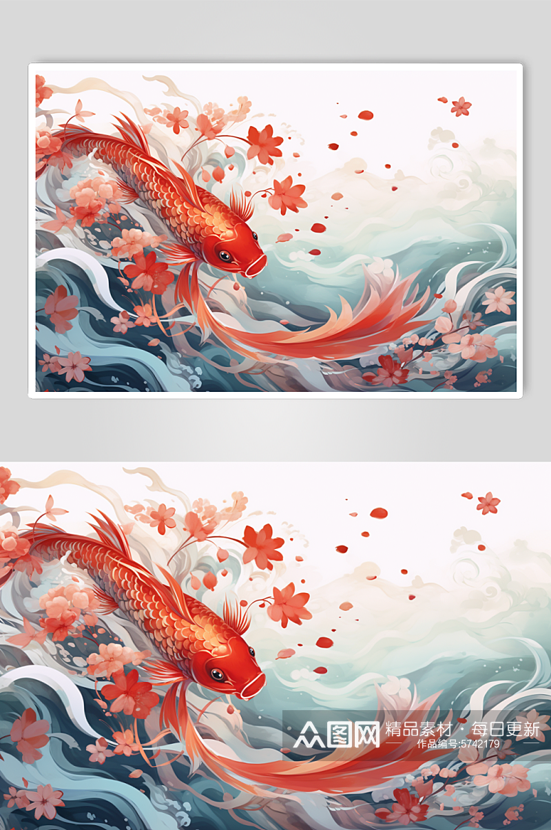 AI数字艺术中国风国潮红色锦鲤插画素材