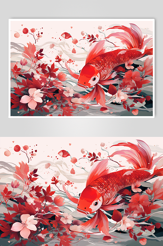 AI数字艺术中国风国潮红色锦鲤插画
