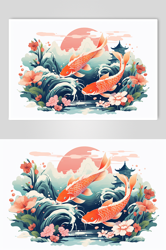 AI数字艺术国潮锦鲤山水建筑元素插画-众图网