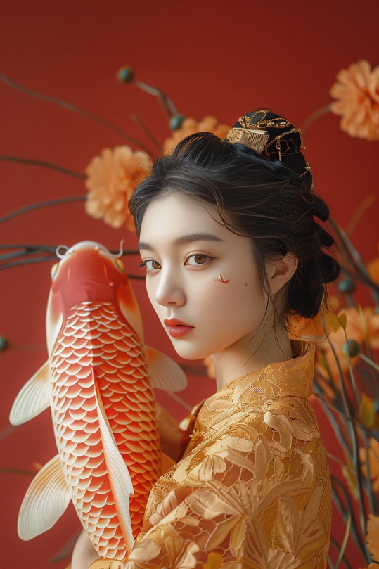 AI数字艺术锦鲤汉服人物肖像摄影图-众图网