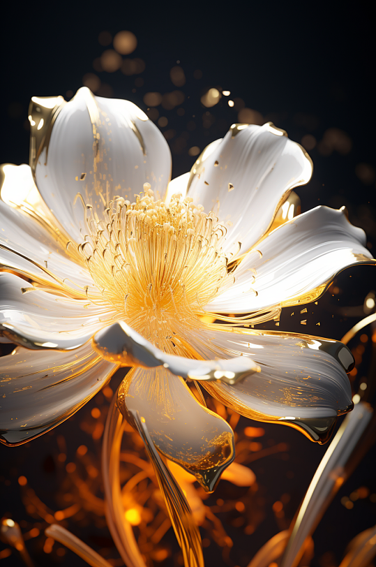 AI数字艺术琉璃金色透明水晶花卉图片