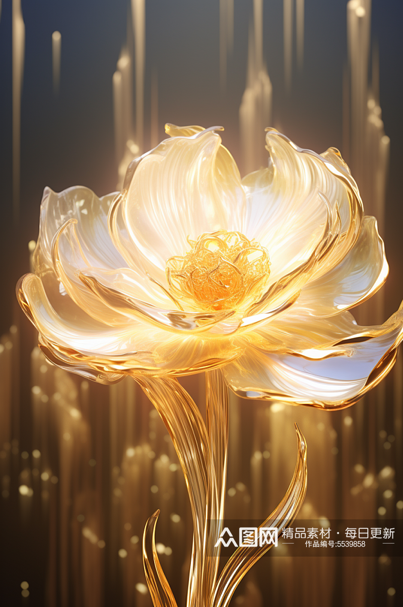 AI数字艺术琉璃金色透明水晶花卉图片素材
