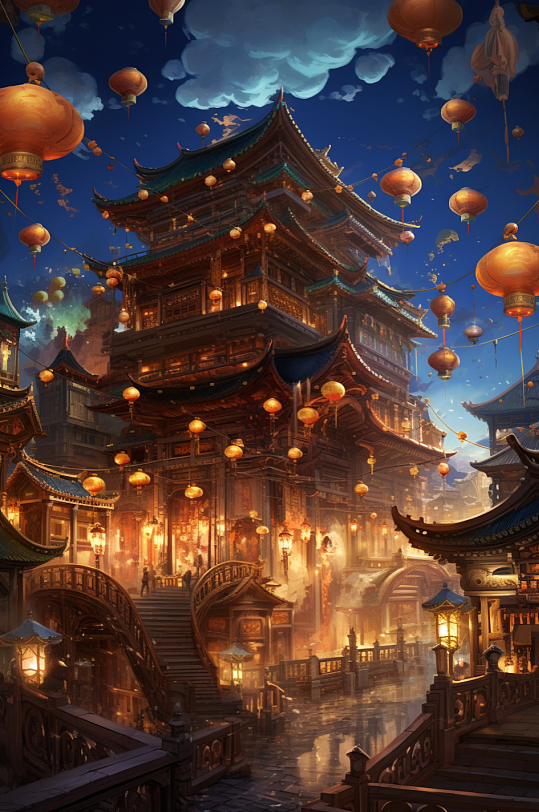 AI数字艺术赛博朋克金线古风城市建筑-众图网