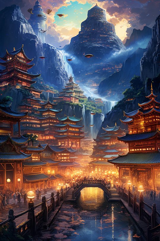 AI数字艺术赛博朋克金线古风城市建筑-众图网