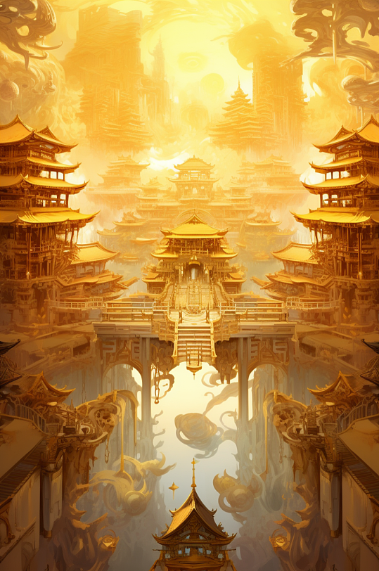 AI数字艺术赛博朋克金线古风城市建筑-众图网