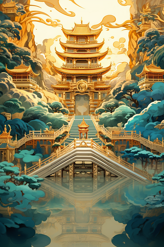 AI数字艺术赛博朋克金线古风城市建筑-众图网