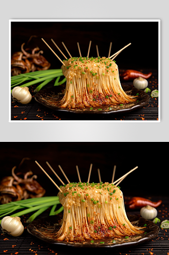 AI数字艺术美味烤金针菇烧烤美食摄影图片