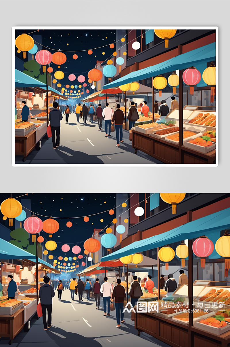 AI数字艺术扁平化人物逛街集市场景插画素材