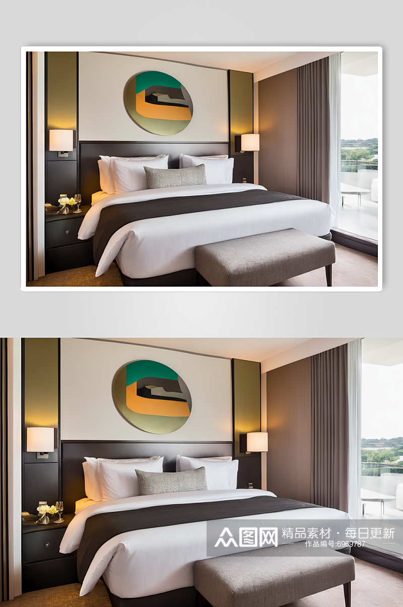 AI数字艺术酒店客房中式室内设计效果图素材