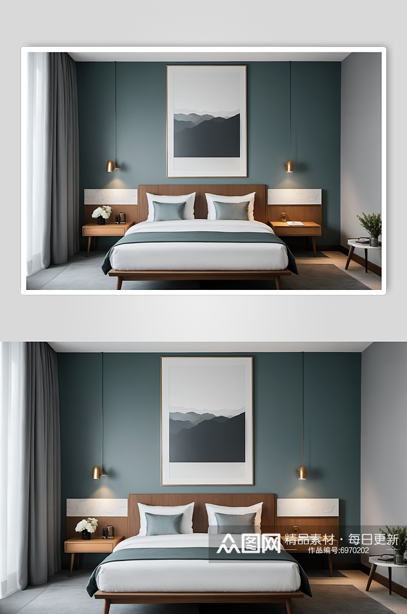AI数字艺术酒店中式客房装修效果摄影图素材