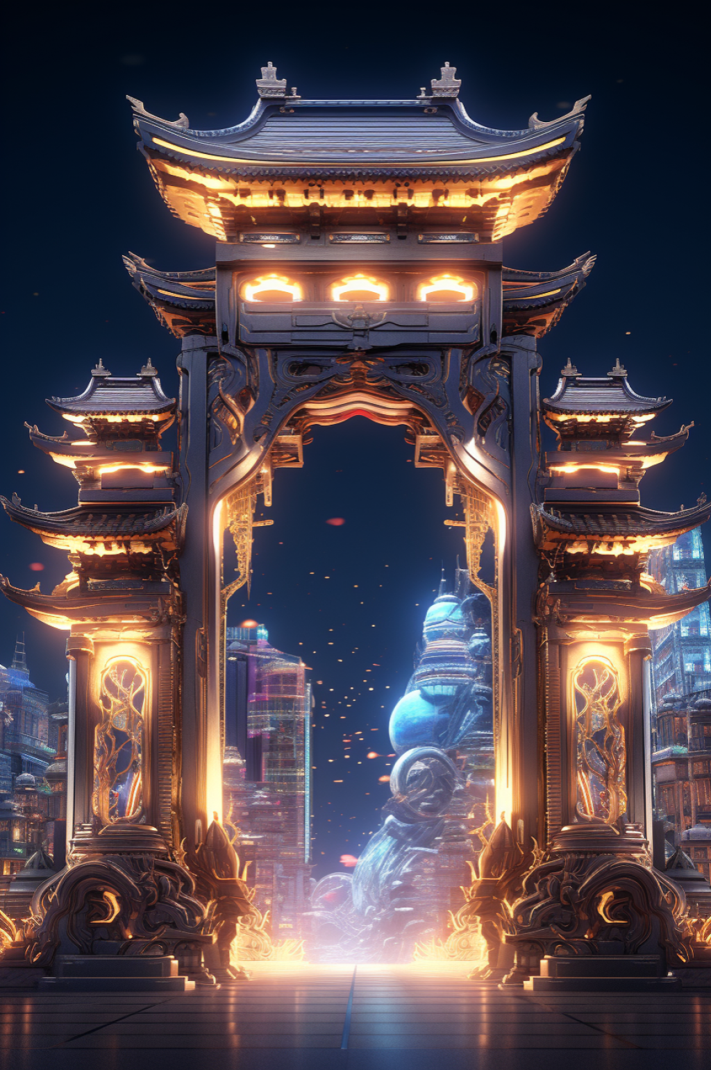数字艺术机械感门楼开门红开门大吉背景图素材