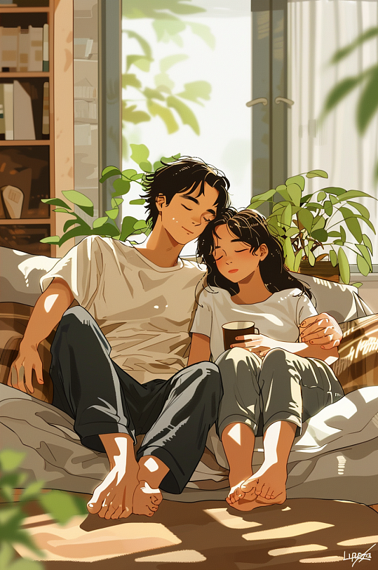 AI数字艺术七夕情人节情侣居家插画-众图网