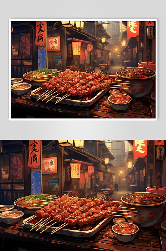 AI數(shù)字藝術(shù)手繪烤肉烤串燒烤插畫