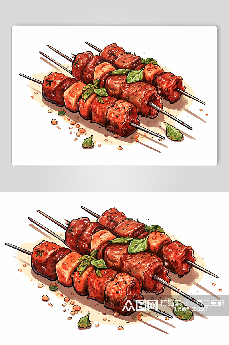 AI数字艺术手绘烤肉烤串烧烤插画素材