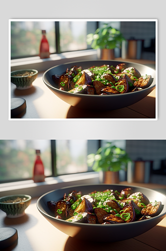 AI数字艺术简洁烤茄子烧烤美食摄影图片