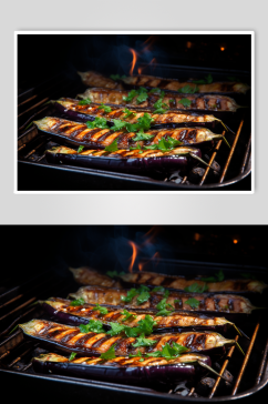 AI数字艺术烤茄子烧烤美食摄影图