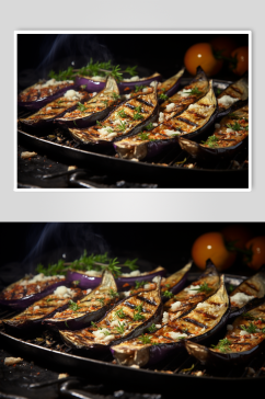 AI数字艺术烤茄子烧烤美食摄影图