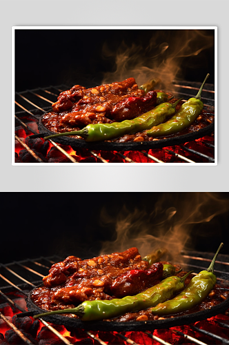 AI数字艺术高清烤青椒烧烤美食摄影图片