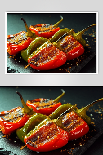 AI数字艺术美味烤青椒烧烤美食摄影图片