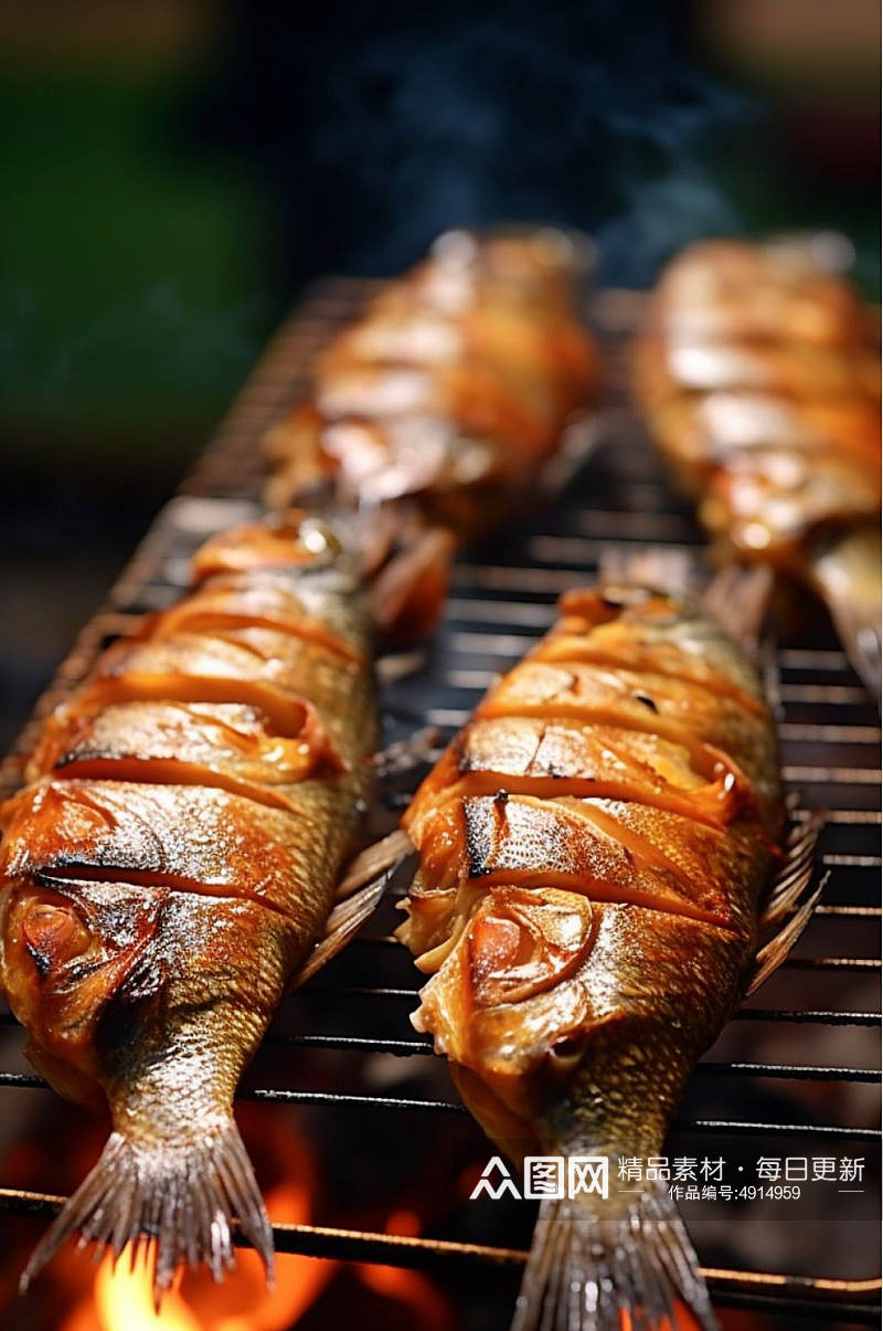 AI数字艺术烤秋刀鱼海鲜烧烤美食摄影图片素材