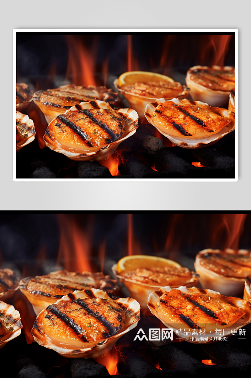 AI数字艺术烤扇贝海鲜烧烤美食摄影图片素材